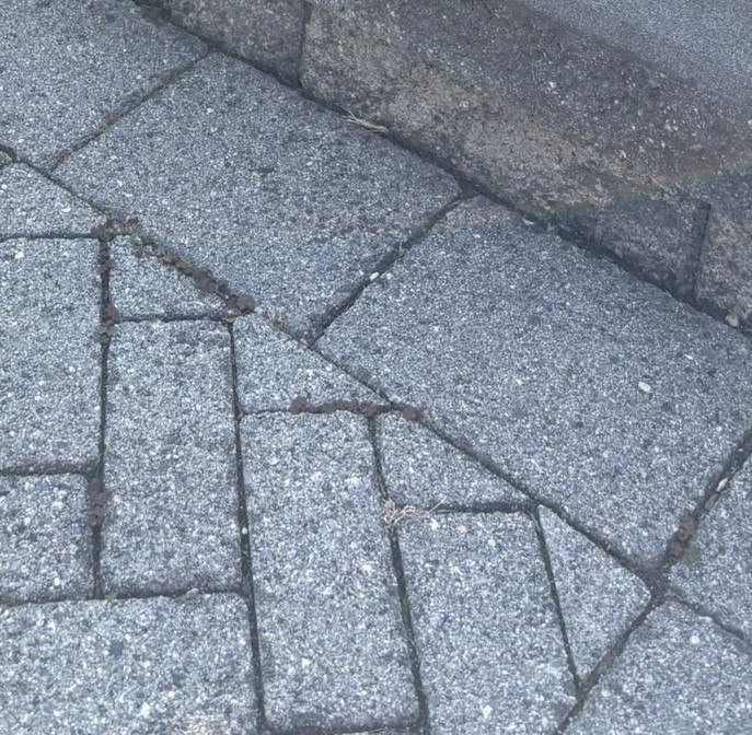 Close-up of gray concrete pavers in a herringbone pattern meeting a border course